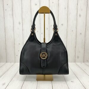 Michael Kors Black Leather Shoulder Bag Gold MK Logo Buckle Closure